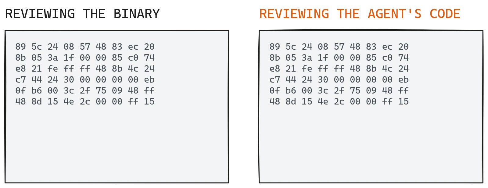 Two panels with the same illegible dump of bytes. The left one is labeled "reviewing the binary"; the right one, "reviewing the agent's code." They are identical.
